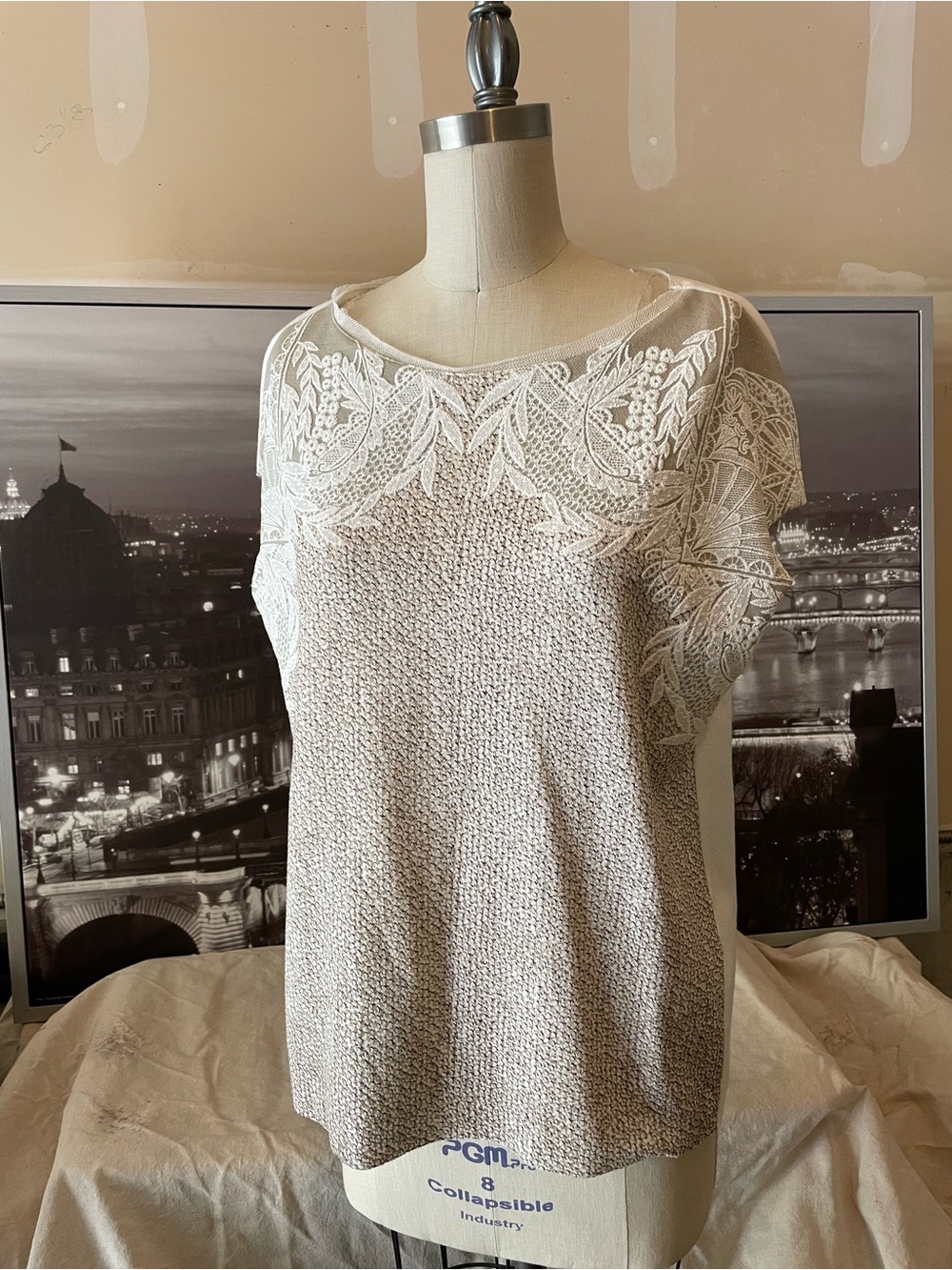 Zara Cream Knit Top with White Lace Trim